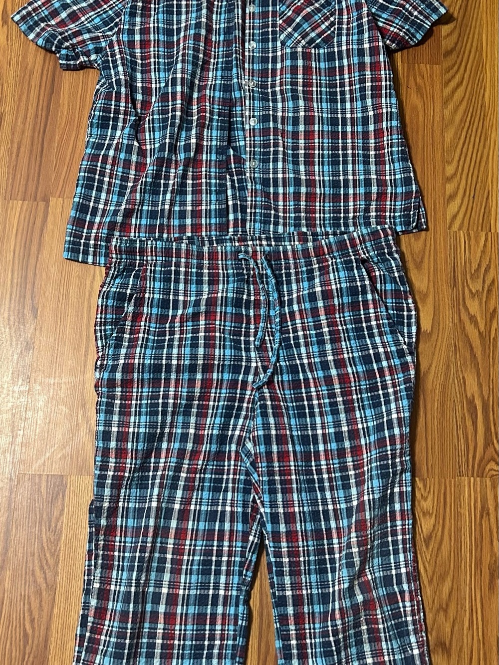 Erika Blue, Red & White Plaid Short-Sleeve Pajama Set Cropped pants